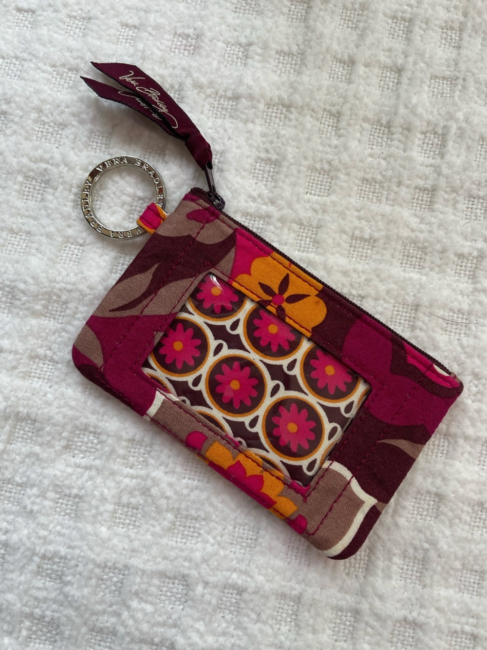 Vera Bradley Carnaby Zip ID Pouch in Magenta, Maroon & Orange